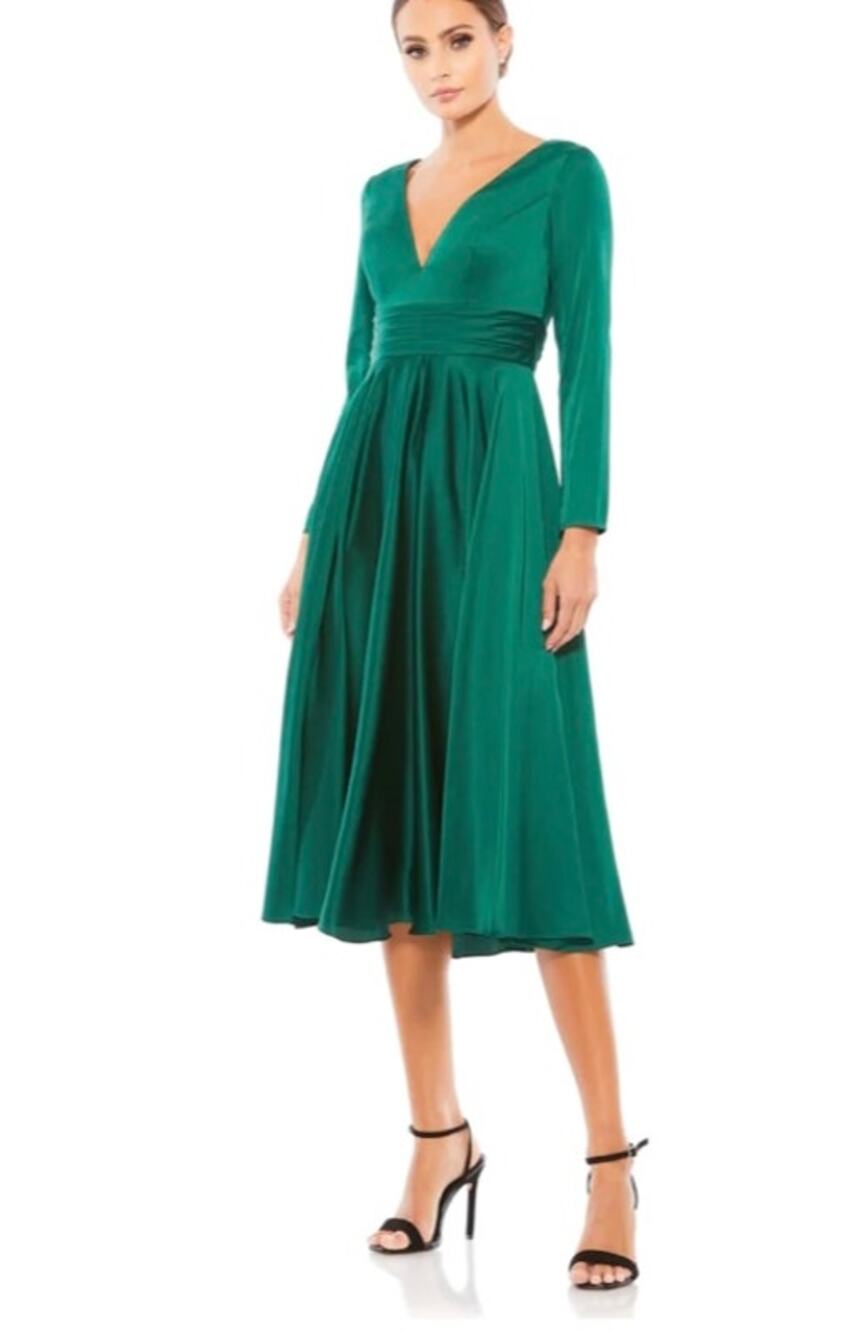 Mac Duggal 67527 Plunge Neck Emerald Satin A-Line Gown 4